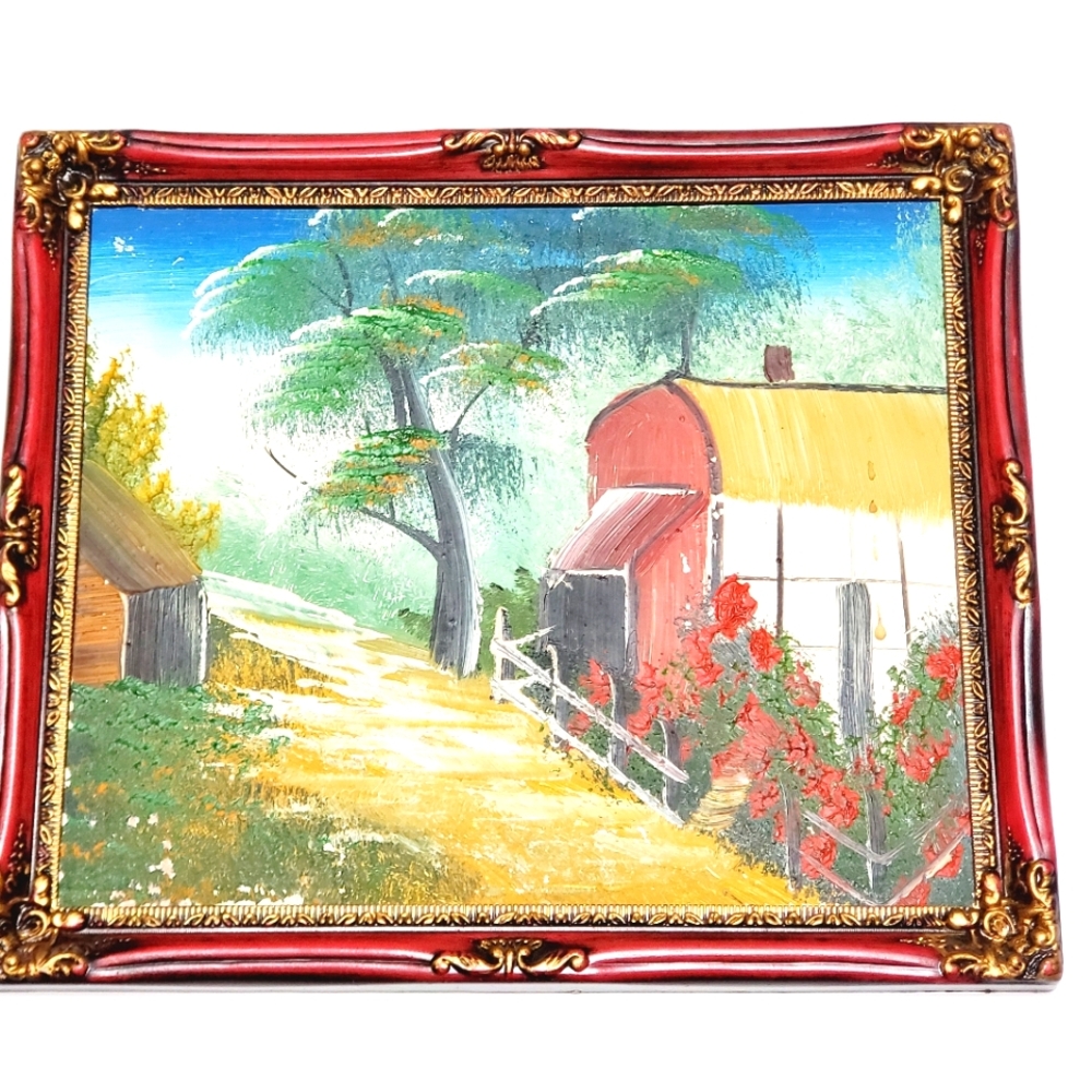 Original Oil Painting Landscape  Mountain Path & Barn Artist Unknown